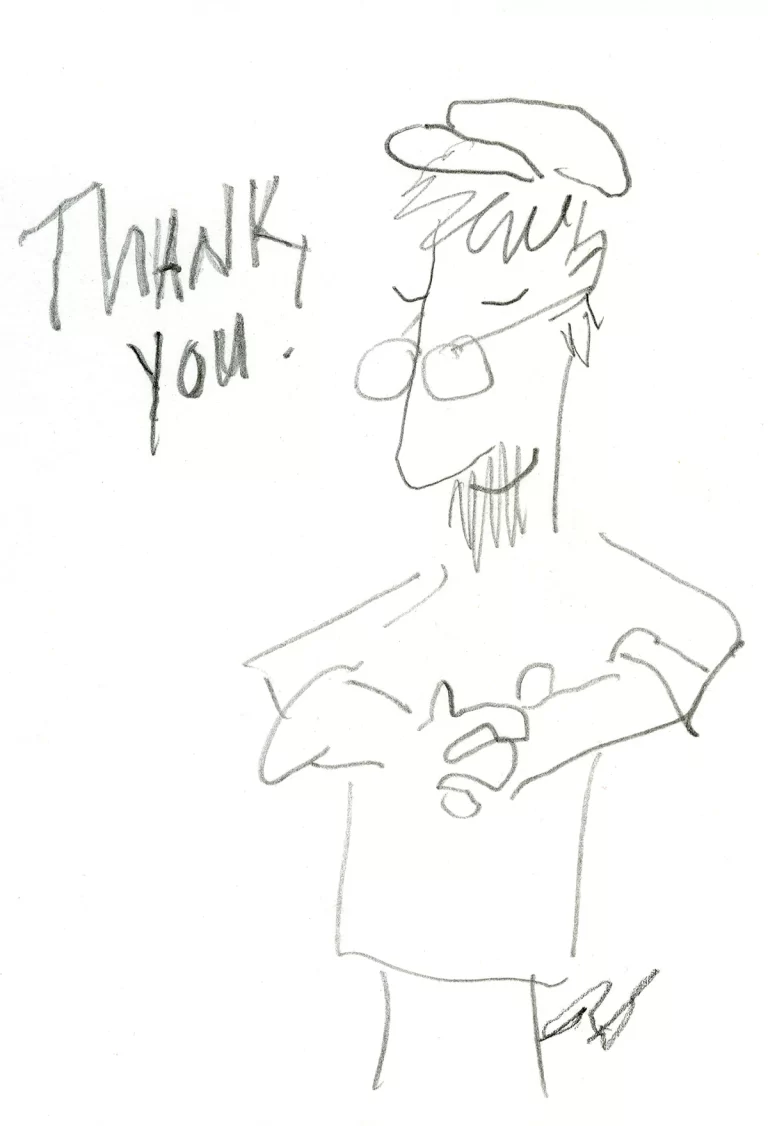 sketched self portrait by Richard Schmid with him saying thank you