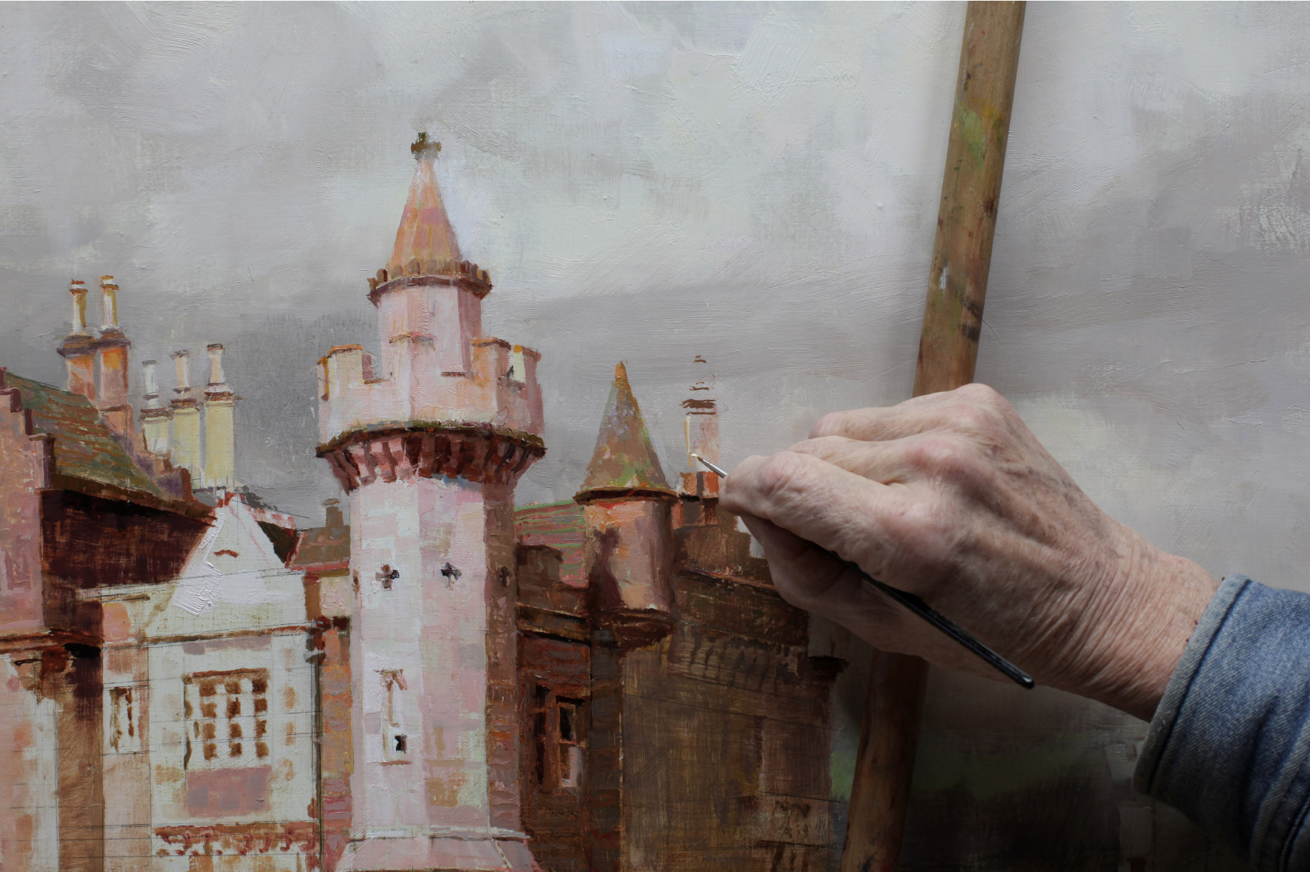 closeup of Richard Schmid working on the painting of Abbotsford.
