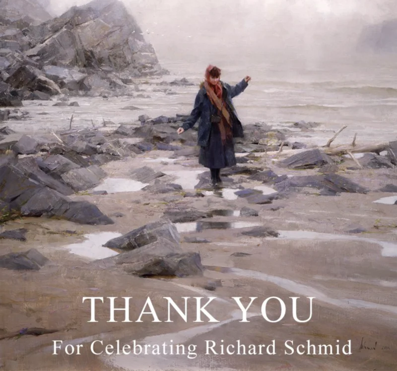 Painting of Nancy Guzik by Richard Schmid. Nancy walking along a rocky coast.